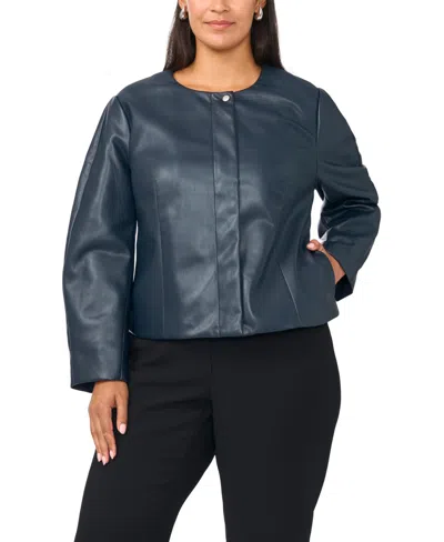 Vince Camuto Plus Size Balloon Sleeve Faux Leather Crewneck Jacket In Blue