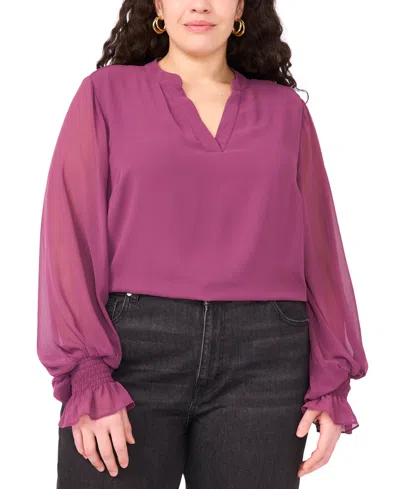 Vince Camuto Split Neck Sheer Long Sleeve Chiffon Top In Purple