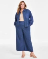 Vince Camuto Plus Size Collared Long Sleeve Jacket Metallic Flutter Sleeve Top Denim Look Wide Leg Pants In Classic Navy