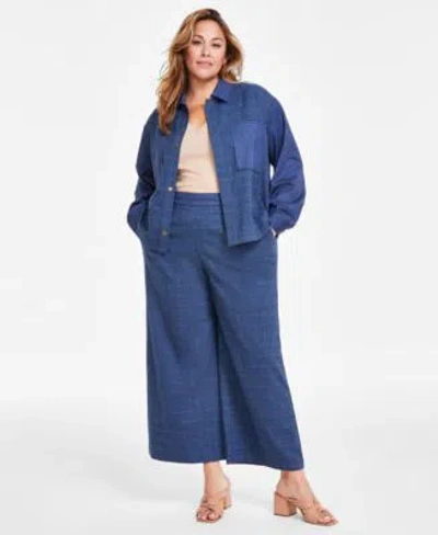 Vince Camuto Plus Size Collared Long Sleeve Jacket Metallic Flutter Sleeve Top Denim Look Wide Leg Pants In Classic Navy