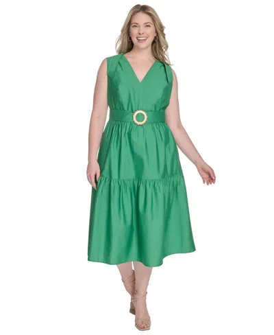 Vince Camuto Plus Size Cotton Belted Tiered Sleeveless Midi Dress