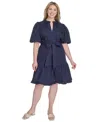 Vince Camuto Plus Size Cotton Puff-sleeve Tie-waist Dress In Blue