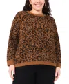 Vince Camuto Plus Size Cozy Crewneck Animal-print Long-sleeve Sweater In Brown