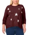 Vince Camuto Plus Size Cozy Crewneck Star-print Dropped-shoulder Sweater In Red