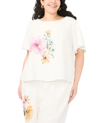 Vince Camuto Plus Size Crewneck Cropped With Flutter Short-sleeves Blouse In White