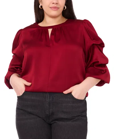 Vince Camuto Plus Size Crewneck Keyhole Bubble Sleeve Blouse In Red