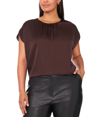 Vince Camuto Plus Size Crewneck Shirring Short Sleeve Blouse In Brown