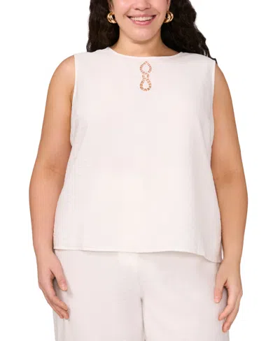 Vince Camuto Plus Size Embroidered Crewneck Sleeveless Top In Ultra Whit