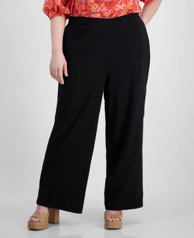 Vince Camuto Plus Size Flat-front Elastic-waist Wide-leg Pants In Rich Black