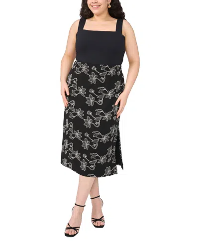Vince Camuto Plus Size Floral Embroidered Pull-on Midi Skirt In Black