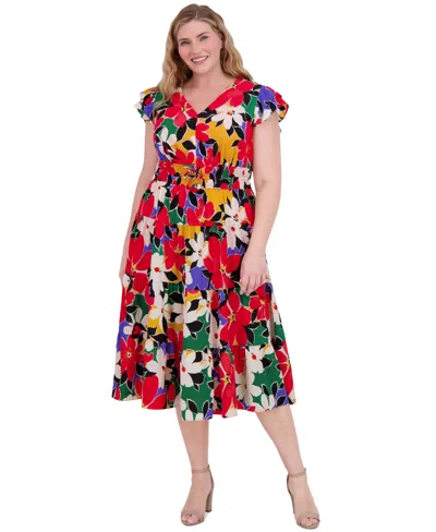 Vince Camuto Plus Size Floral-print Flutter-sleeve Fit & Flare Dress In Multi