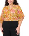Vince Camuto Plus Size Floral-print Ruffled-sleeve Split-neck Blouse In Crushed Orange