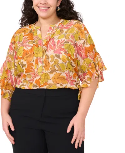 Vince Camuto Plus Size Floral-print Ruffled-sleeve Split-neck Blouse In Crushed Orange
