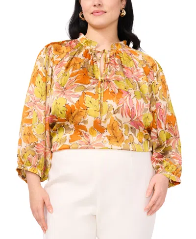 Vince Camuto Plus Size Floral-print Ruffled Tie-neck Blouse In Crushed Orange