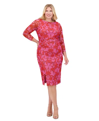Vince Camuto Plus Size Floral-print Shirred Mesh Midi Dress In Pmu
