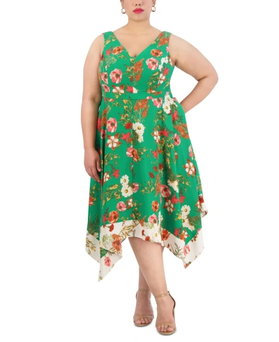 Vince Camuto Plus Size Floral-print Sleeveless Midi Dress In Green Multi