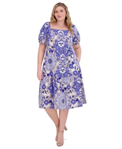 Vince Camuto Plus Size Floral-print Square-neck Dress In Blue Multi