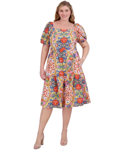 Vince Camuto Plus Size Floral-print Square-neck Dress In Mul