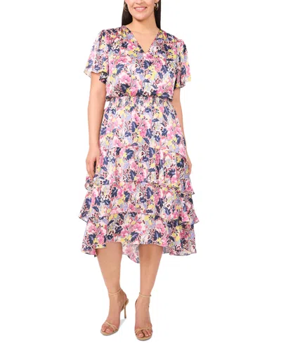 Vince Camuto Plus Size Floral-print Surplice Tiered Maxi Dress In Violet Blush