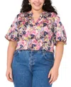 Vince Camuto Plus Size Floral-print Tie-neck Puff-sleeve Top In Violet Blu