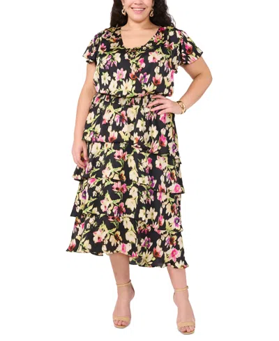 Vince Camuto Plus Size Floral-print Tiered Maxi Dress In Rich Black