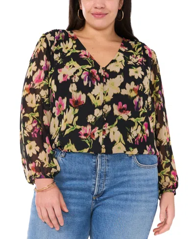 Vince Camuto Plus Size Floral-print V-neck Blouse In Rich Black