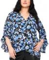 Vince Camuto Floral Shirred Cuff Shirt In Royal Azure