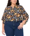 VINCE CAMUTO PLUS SIZE FLORAL PINTUCK FLUTTER 3/4-SLEEVE HENLEY BLOUSE