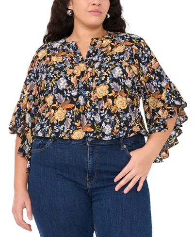 Vince Camuto Plus Size Floral Split-neck Ruffle-sleeve Top In Rich Black
