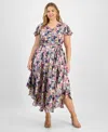 Vince Camuto Floral Flutter Sleeve Asymmetric Midi Dress In Violet Blush
