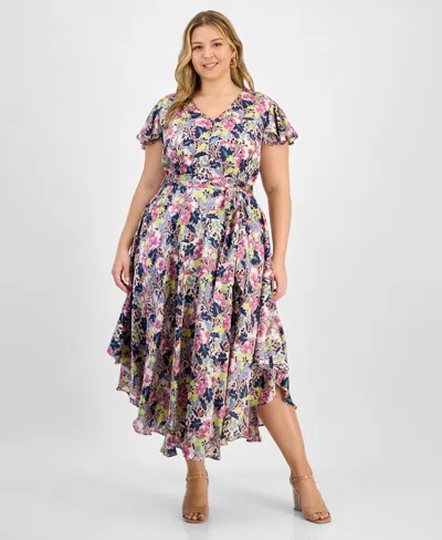 VINCE CAMUTO PLUS SIZE FLUTTER-SLEEVE BELTED DRESS