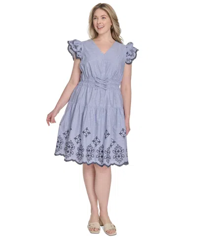 Vince Camuto Plus Size Flutter-sleeve Embroidered Cotton Dress