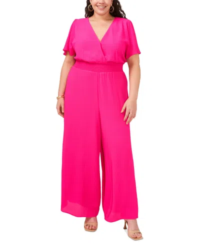 Vince Camuto Plus Size Flutter-sleeve Smocked-waist Jumpsuit In Hot Pink