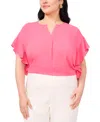 Vince Camuto Plus Size Flutter-sleeve Split-neck Top In Pink Bliss