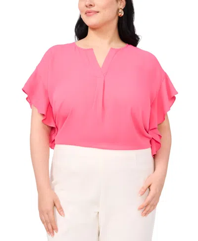 Vince Camuto Plus Size Flutter-sleeve Split-neck Top In Pink Bliss