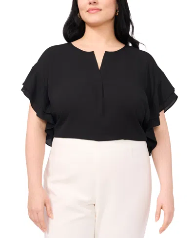 Vince Camuto Plus Size Flutter-sleeve Split-neck Top In Rich Black