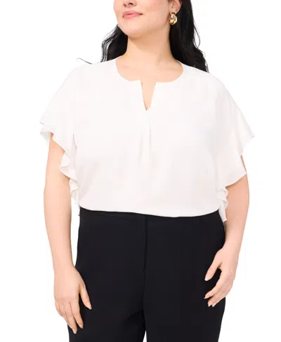 Vince Camuto Plus Size Flutter-sleeve Split-neck Top In Ultra White