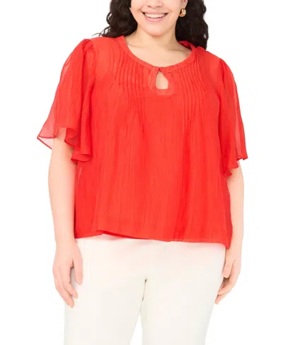 Vince Camuto Plus Size Front Cutout Flutter-sleeve Keyhole Neck Blouse In Red