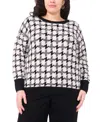 Vince Camuto Plus Size Houndstooth Long Sleeve Crewneck Sweater In Black
