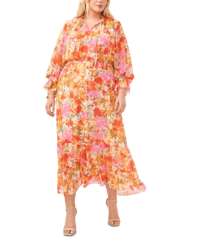 Vince Camuto Floral Smocked Three Quarter Sleeve Maxi Dress In Tulip Red
