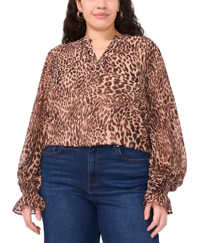 Vince Camuto Plus Size Long Sleeve V-neck Top In Brown