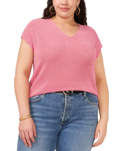Vince Camuto Plus Size Lurex Ribbed Short-sleeve Sweater In Party Pink