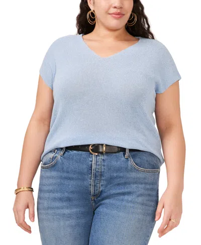 Vince Camuto Plus Size Lurex Ribbed Short-sleeve Sweater In Sky