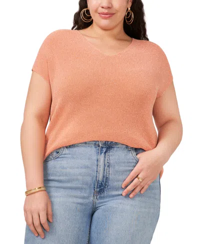 Vince Camuto Plus Size Lurex Ribbed Short-sleeve Sweater In Warm Orange