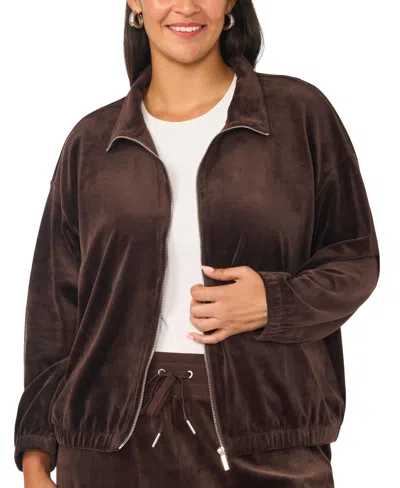Vince Camuto Plus Size Mock-neck Velour Zip-up Jacket In Brown