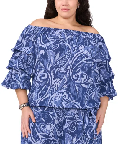Vince Camuto Plus Size Paisley-print Off-the-shoulder Top In Denim Paisley