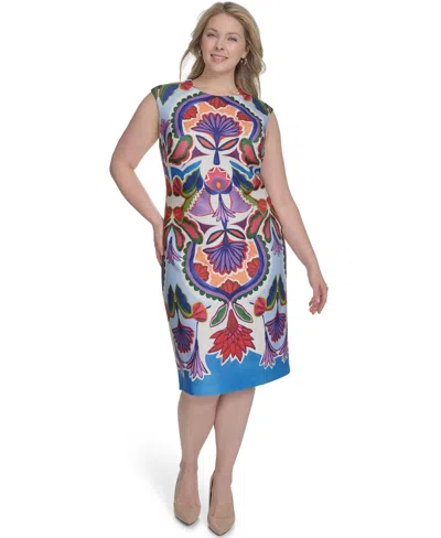 Vince Camuto Plus Size Placement-print Cap-sleeve Midi Dress In Blue Multi