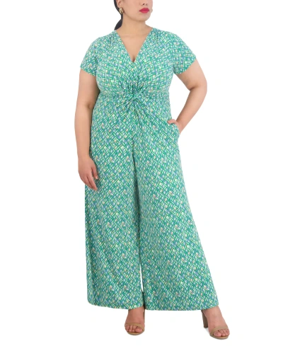 Vince Camuto Plus Size Print V-neck Short-sleeve Jumpsuit In Green