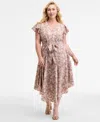 Vince Camuto Plus Size Printed Belted Midi Dress In Pink