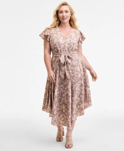 Vince Camuto Plus Size Printed Belted Midi Dress In Pink